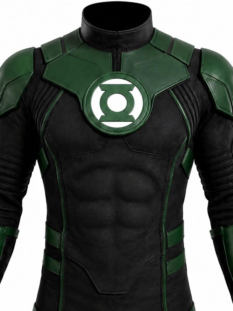Puede incluir: Una camiseta negra de manga larga con detalles verdes en hombros y costados, cuello alto y un emblema circular blanco y verde de Green Lantern centrado en el pecho. La prenda presenta un acabado texturizado y detalles moldeados.