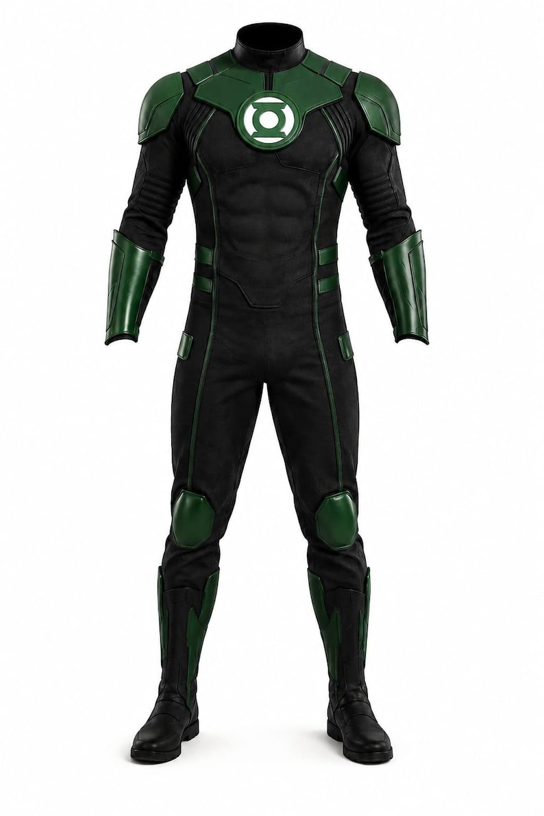 Puede incluir: Un traje de cuerpo completo negro y verde con cuello alto, hombreras moldeadas, protectores de antebrazo y rodilleras. El pecho muestra un emblema circular blanco de Green Lantern. El traje tiene un acabado texturizado con detalles en verde.