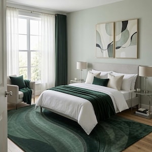 Op de afbeelding: Een slaapkamer met een groot vloerkleed met een donkergroen golfpatroon, een bed met wit beddengoed en een donkergroene sprei, twee bijpassende nachtkastlampen, een lichte fauteuil met een groen kussen en twee abstracte kunstwerken aan de muur.