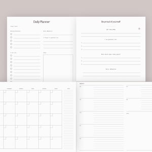 Puede incluir: Un planificador diario y calendario mensual blanco con texto y líneas negras. Las páginas superiores presentan los encabezados Daily Planner y Be proud of yourself con secciones de gratitud. Las páginas inferiores muestran una cuadrícula mensual.