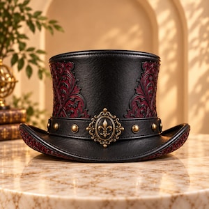 May include: A black top hat featuring deep red floral embossed panels on the sides. A black leather band encircles the base, adorned with metallic studs and a central oval emblem displaying a gold fleur-de-lis motif on a dark background.