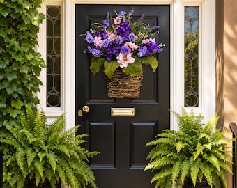 Spring Floral Door Basket, Purple Lavender Door Basket, Pink Daisy Wreath, Rustic Front Door Basket Décor