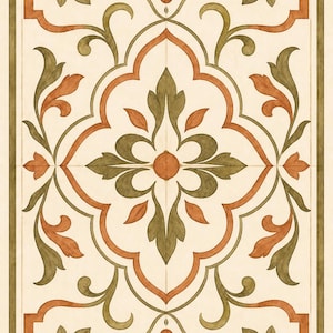 Puede incluir: Un azulejo rectangular con un patrón floral simétrico en tonos naranja apagado y verde oliva sobre un fondo crema. El diseño incluye motivos de hojas centrales, líneas curvas y un borde decorativo que crea una imagen equilibrada.