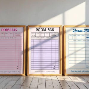 May include: Three framed prints featuring restaurant check designs in pink, light purple, and blue. Each print displays a dorm or room number, date, table, guest, server, and check number fields, with the text "please come again - you made our day".