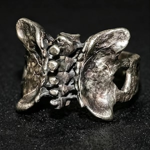 May include: A silver ring featuring a textured, organic design that resembles a series of connected vertebrae or spinal bones. The metal has a dark, oxidized finish with deep crevices and raised, polished highlights across the entire surface.