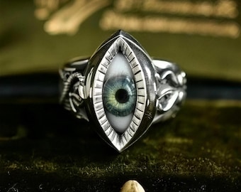 Vintage gotische ring met het boze oog, verstelbare punkring met diamanten oogbol, statement ring voor mannen en vrouwen, horror sieraad voor Halloween.