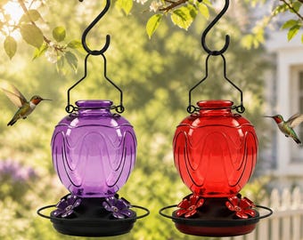 Mangiatoia per colibrì in vetro, rosso/viola, con struttura in metallo, decorazione da giardino, dispenser di nettare