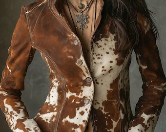 Chaqueta de mujer de piel auténtica con estampado de piel de vaca – Abrigo estilo western boho chic urbano