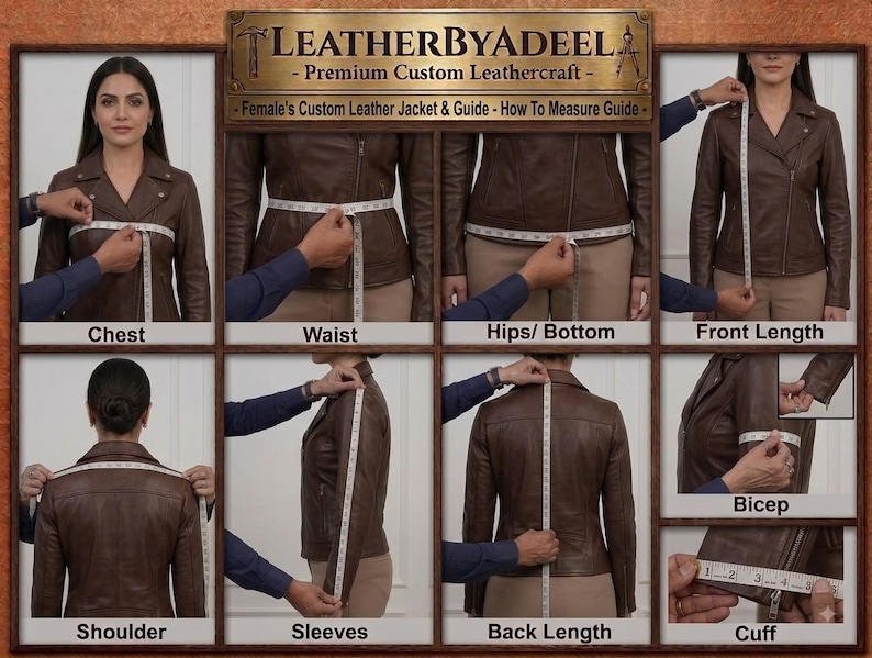 Puede incluir: Una chaqueta de cuero marr&oacute;n mostrada en una gu&iacute;a de instrucciones de varios paneles titulada LEATHERBYADEEL Premium Custom Leathercraft. Las im&aacute;genes demuestran c&oacute;mo medir el pecho, la cintura, las caderas, el largo frontal, los hombros, las mangas, el largo de espalda, el b&iacute;ceps y el pu&ntilde;o.