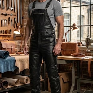 Black Genuine Leather Overalls Dungaree | Handmade Leather Bib Jumpsuit for Men | Motorcycle Workwear