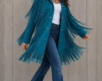 Chaqueta larga de ante auténtico para mujer con flecos – Abrigo bohemio estilo western vintage con cuentas de vaquera