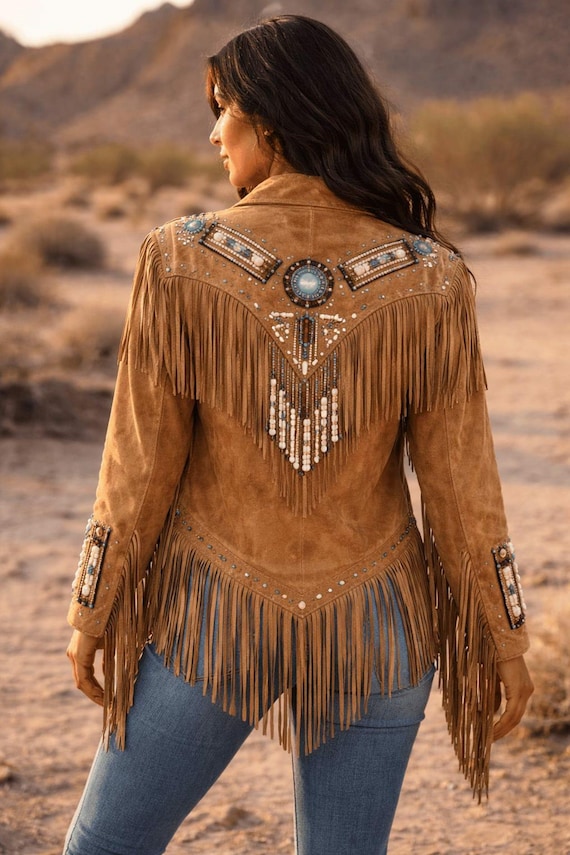 Women Tan Brown Suede Leather Western Jacket with Fringe & Beads - Handmade Native Jacket