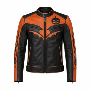 Handmade Men Halloween Leather Jacket | Black & Orange Biker Jacket | Bat Wing Spooky Cosplay Coat