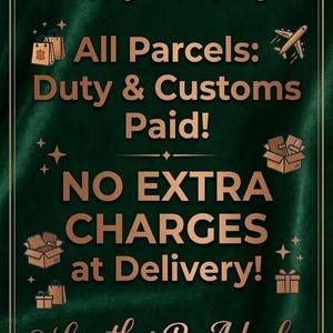 Puede incluir: Un letrero de textura aterciopelada verde oscuro con bordes decorativos dorados y el texto: Relax & Shop Stress-Free! Happy Shopping! All Parcels: Duty & Customs Paid! NO EXTRA CHARGES at Delivery! LeatherByAdeel. Shop your favorite leather goods.