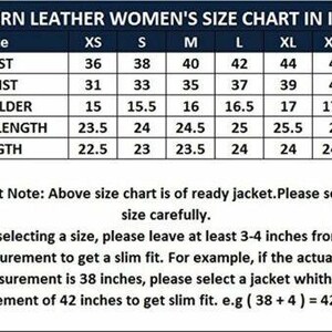Puede incluir: Una tabla de tallas para chaqueta con un encabezado azul oscuro titulado WESTERN LEATHER WOMEN'S SIZE CHART IN INCHES. Enumera las medidas de busto, cintura, hombro, largo de manga y largo total en pulgadas para tallas de XS a XXXL.