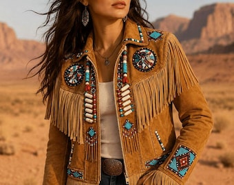 Chaqueta vaquera para mujer de piel de ante auténtica color marrón claro con flecos y cuentas - Chaqueta artesanal de estilo nativo americano