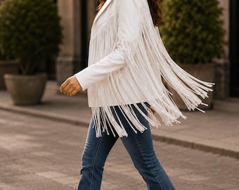 Chaqueta de cuero auténtico blanca con flecos para mujer / Abrigo vaquero estilo western con borlas