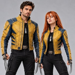 May include: Two individuals wearing matching yellow and navy blue leather jackets with black shirts and black cargo pants. Each jacket features a high collar, a front zipper, and structured paneling. Both wear silver dog tag necklaces and metal claw props.