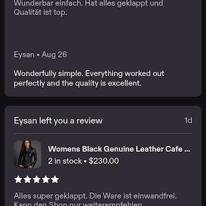 Puede incluir: Una interfaz digital que muestra una p&aacute;gina de tienda llamada LeatherByAdeel con una lista de rese&ntilde;as de clientes. La pantalla muestra texto que incluye Home, News & Activity, y una rese&ntilde;a de Eysan sobre una chaqueta cafe de cuero negro por $230.00.