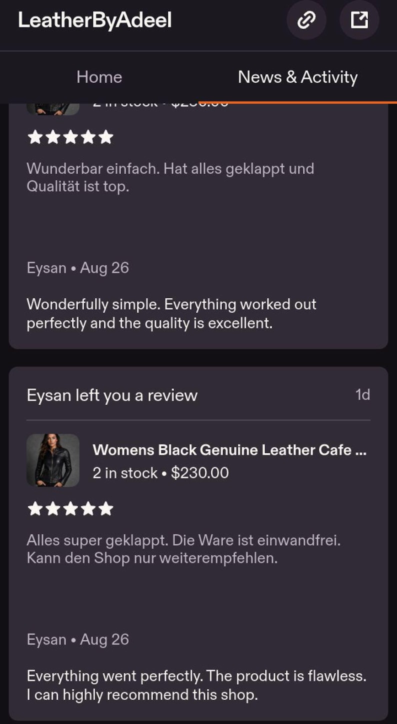 Puede incluir: Una interfaz digital que muestra una p&aacute;gina de tienda llamada LeatherByAdeel con una lista de rese&ntilde;as de clientes. La pantalla muestra texto que incluye Home, News & Activity, y una rese&ntilde;a de Eysan sobre una chaqueta cafe de cuero negro por $230.00.