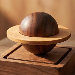Puede incluir: Un difusor de madera con forma de planeta y el texto Planet Diffuser Natural Wood Craft. El objeto presenta un centro esférico marrón oscuro rodeado por un anillo plano marrón claro, sobre una base cuadrada de madera oscura con centro hundido.