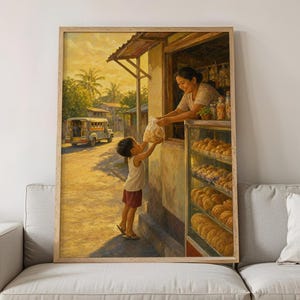 May include: A framed rectangular wall art print depicting a warm, golden-toned scene of a child receiving a bag of bread from a vendor at a small shop window. The artwork features a street setting with a vehicle, palm trees, and shelves of baked goods.