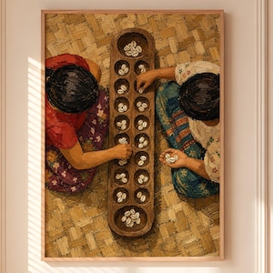 Top-down printable wall art of two women playing traditional Filipino sungka game with cowrie shells on a wooden board and woven mat