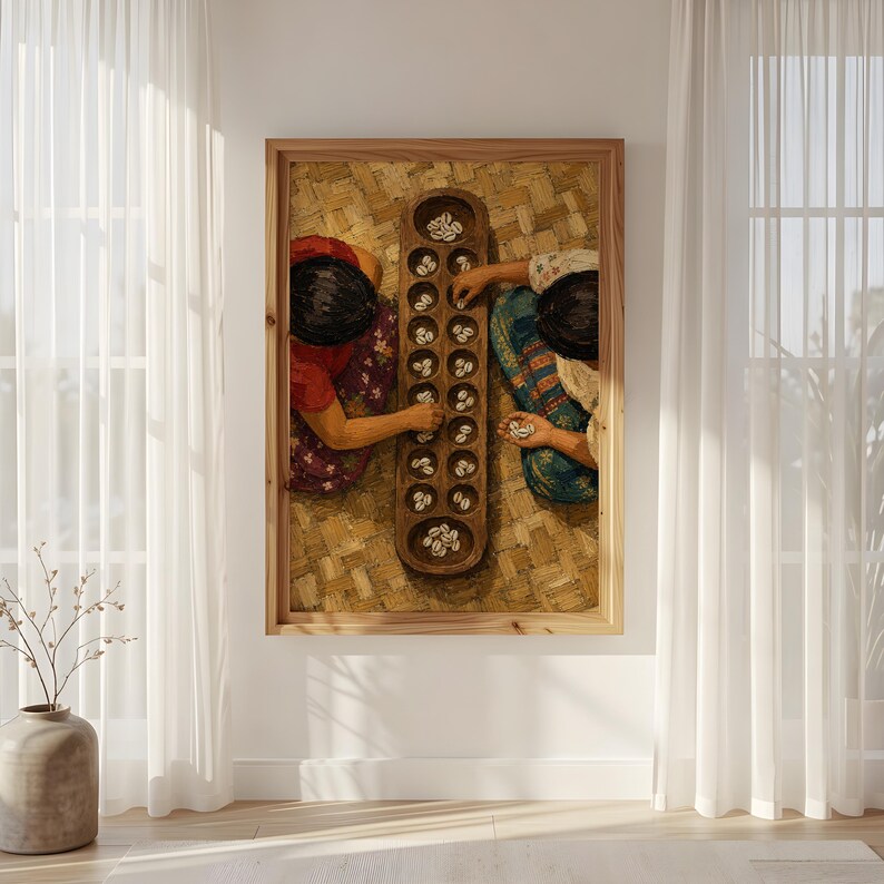 May include: A framed wall art print depicting two individuals playing a traditional mancala board game with cowrie shells. The wooden board features multiple circular indentations filled with white shells, set against a woven mat background.