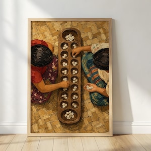 Top-down printable wall art of two women playing traditional Filipino sungka 
game with cowrie shells on a wooden board and woven mat