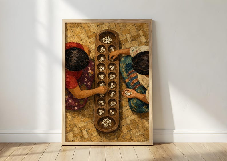 Top-down printable wall art of two women playing traditional Filipino sungka 
game with cowrie shells on a wooden board and woven mat