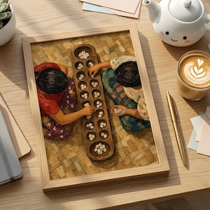 May include: A framed rectangular print depicting two individuals playing a traditional mancala board game with small white shells. The artwork shows a wooden board with circular indentations on a woven mat surface, rendered in warm, earthy tones.
