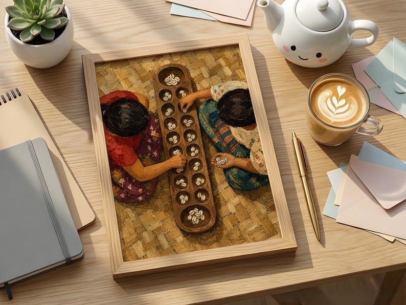 May include: A framed rectangular print depicting two individuals playing a traditional mancala board game with small white shells. The artwork shows a wooden board with circular indentations on a woven mat surface, rendered in warm, earthy tones.