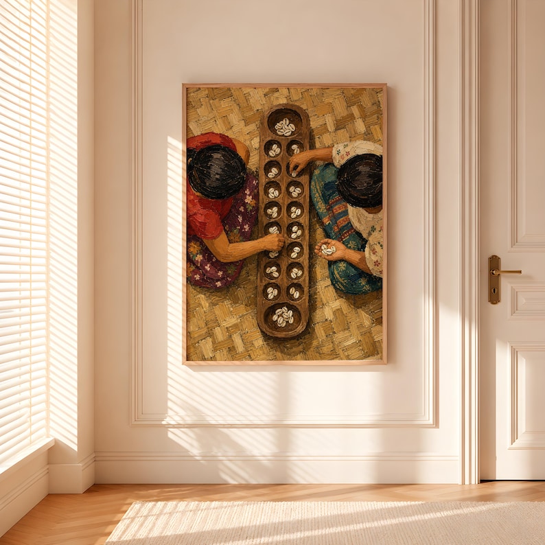Top-down printable wall art of two women playing traditional Filipino sungka game with cowrie shells on a wooden board and woven mat
