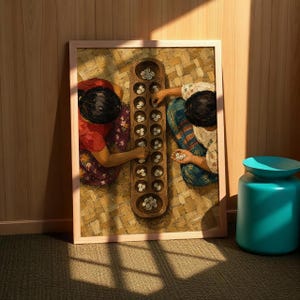May include: A framed wall art print depicting two individuals playing a traditional mancala board game with cowrie shells. The scene shows a wooden board with circular indentations on a woven mat, rendered in an impressionistic painting style.
