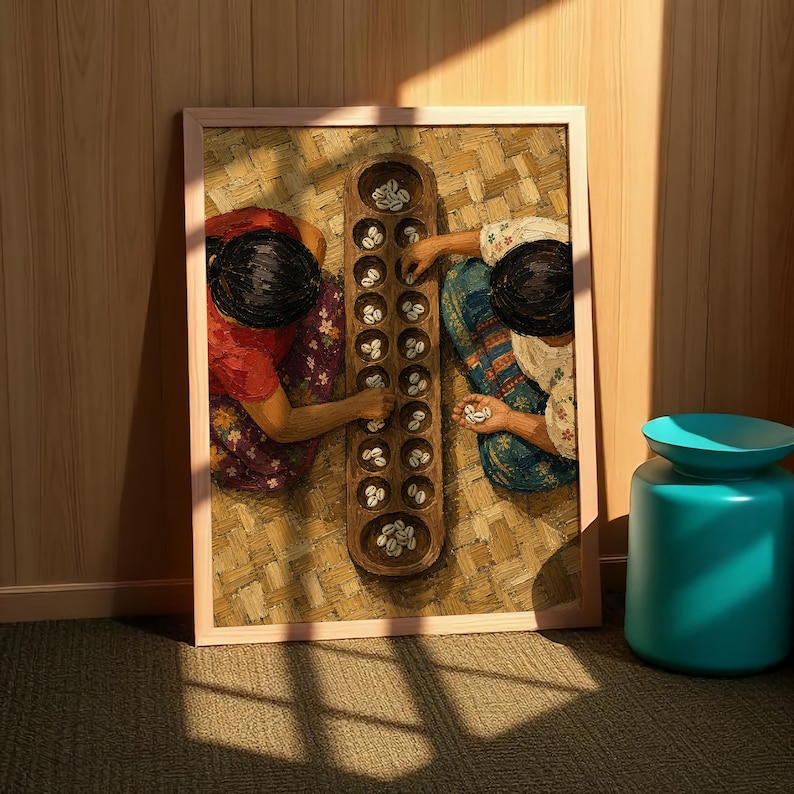 May include: A framed wall art print depicting two individuals playing a traditional mancala board game with cowrie shells. The scene shows a wooden board with circular indentations on a woven mat, rendered in an impressionistic painting style.