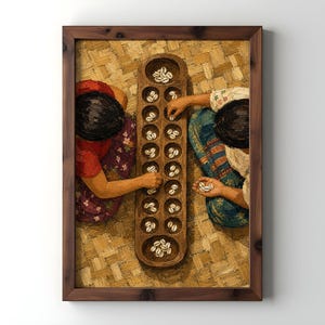 May include: A framed oil painting depicting two individuals playing a traditional board game with small white shells on a wooden board with multiple circular indentations. The players are seated on a woven mat, wearing colorful patterned clothing.