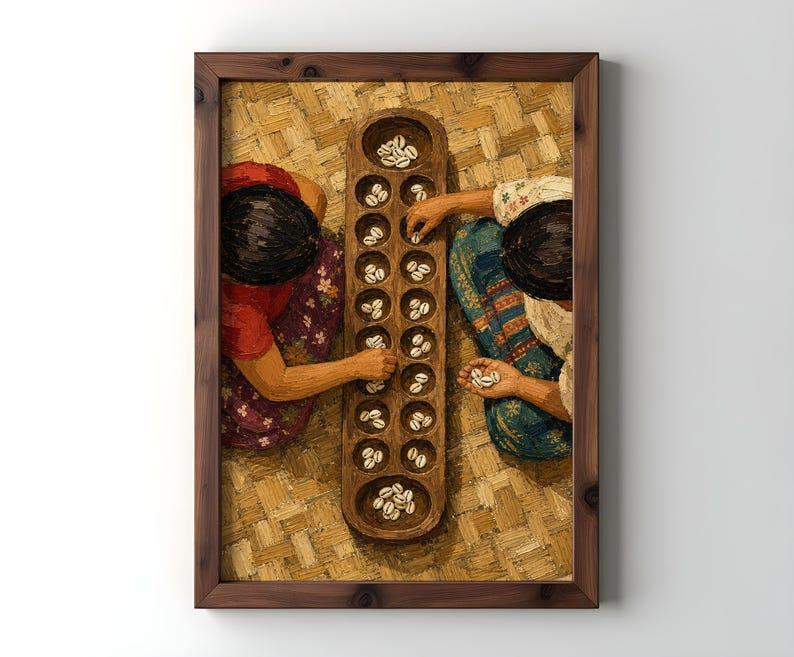 May include: A framed oil painting depicting two individuals playing a traditional board game with small white shells on a wooden board with multiple circular indentations. The players are seated on a woven mat, wearing colorful patterned clothing.