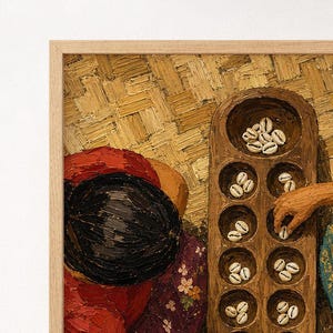 Top-down printable wall art of two women playing traditional Filipino sungka 
game with cowrie shells on a wooden board and woven mat