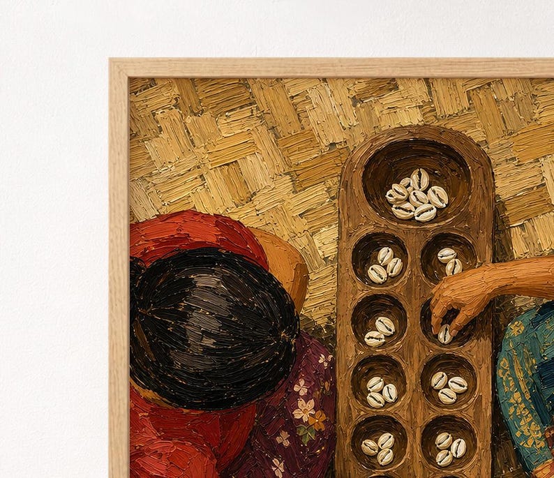 Top-down printable wall art of two women playing traditional Filipino sungka 
game with cowrie shells on a wooden board and woven mat