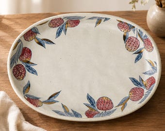 Piatto ovale in ceramica fatto a mano / Vassoio da portata con motivo frutta vintage, piatto decorativo in porcellana, stoviglie rustiche, accessorio per fotografia di cibo, regalo