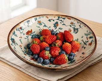 Ceramiczna misa na owoce w stylu vintage – duża, ręcznie malowana miska na jagody, wystrój kuchni w stylu francuskim, zastawa stołowa w stylu rustykalnym, prezent na parapetówkę dla niej