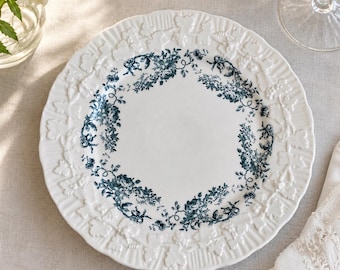 Vintage French Blue and White Ceramic Plate | Embossed Floral Dessert Dish | Antique Chinoiserie Dinnerware | Elegant Gift for Her