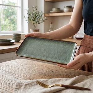 May include: A rectangular ceramic serving platter featuring a mottled sage green glaze with a dark brown rim. The surface has a textured, speckled appearance with subtle variations in color tone across the flat, elongated rectangular shape.