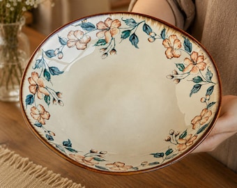Hand Painted Vintage Style Floral Ceramic Dinner Plate | Rustic Large Bowl, Cottagecore Serving Dish, Farmhouse Kitchen Decor, Handmade Gift