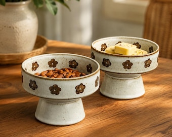 Wabi-Sabi Ceramic Pedestal Bowl, Vintage Cute Floral Footed Compote Dish, Handmade Speckled Fruit Nut Bowl, Unique Housewarming Gift