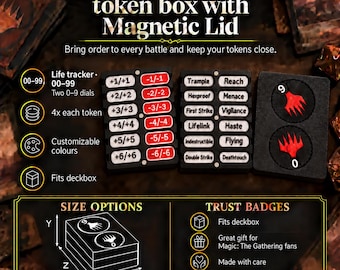 May include: A Magic: The Gathering token box with a magnetic lid, featuring a life tracker with 00-99 dials, power and toughness modifiers, and keyword ability labels. The box measures 70mm by 35mm by 95mm and includes two circular red icons.