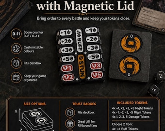 May include: A black Riftbound token box with a magnetic lid, featuring a grid of white and red numbered tokens labelled with plus, minus, and heart symbols. The set includes orange circular tokens and text detailing dimensions of 70x20x95 mm.