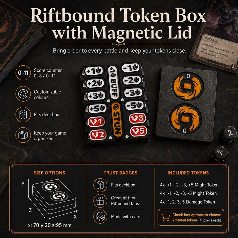 May include: A black Riftbound token box with a magnetic lid, featuring a central column labeled STUN and BUFF, flanked by white and red numerical tokens ranging from +1 to +5 and -1 to -5. Includes two orange circular tokens and dice.