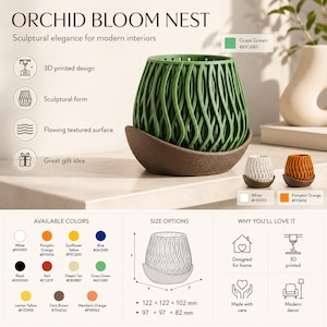 Pode incluir: Vaso Orchid Bloom Nest impresso em 3D com uma estrutura de treliça ondulada verde-relva sobre uma base texturizada castanho-escura. Duas versões mais pequenas em branco e laranja-abóbora são apresentadas. Dimensões: 122x122x102 mm ou 97x97x82 mm.