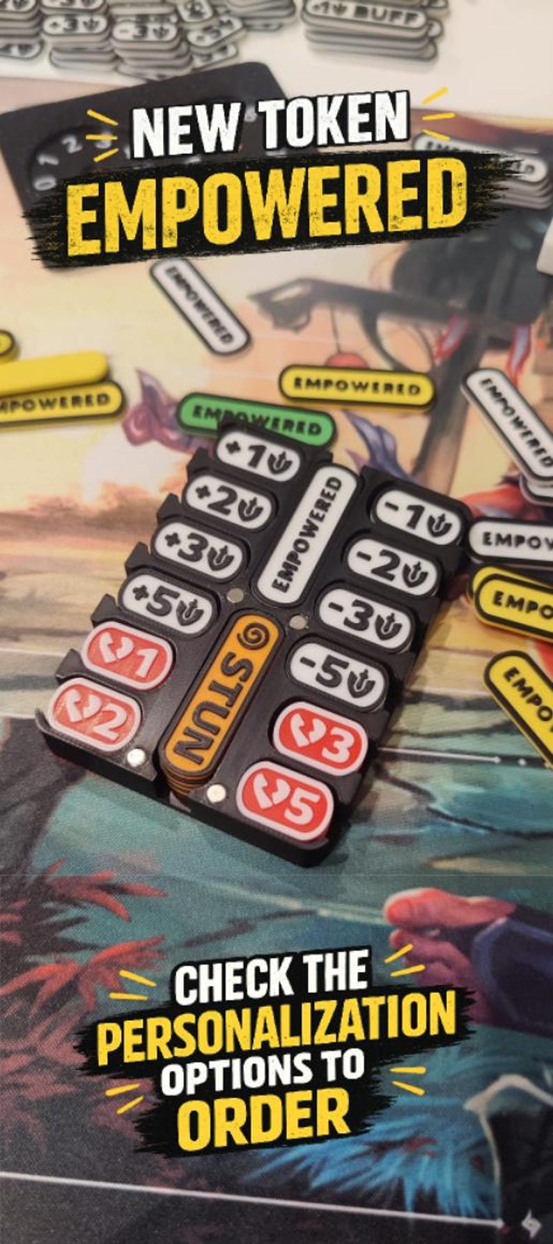 May include: A black plastic board game token organizer holding various rectangular tokens with numerical values and symbols. The text NEW TOKEN EMPOWERED and CHECK THE PERSONALIZATION OPTIONS TO ORDER is visible. Tokens feature plus and minus signs.